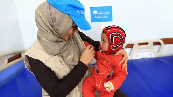 A Yemeni child, 8 months, at the child care center in the hospital of "22 May" in the area of ​​Thulaa‏ Hamdan on the outskirts of the capital Sanaa