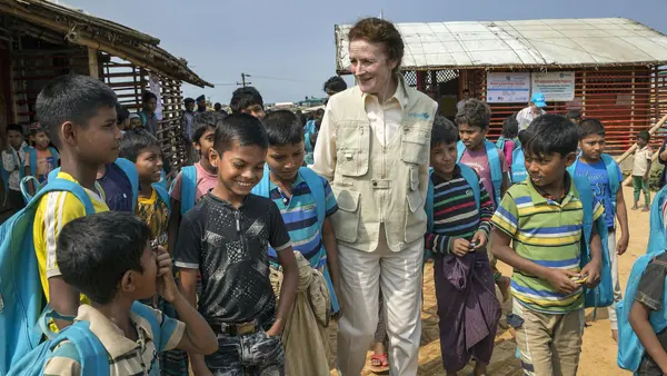 On February 25, 2019 in Bangladesh, UNICEF Executive Director Henrietta Fore joined a group of Rohingya children outside a learning center in the Kutupalong-Balukhali refugee camp in the Cox's Bazar district.