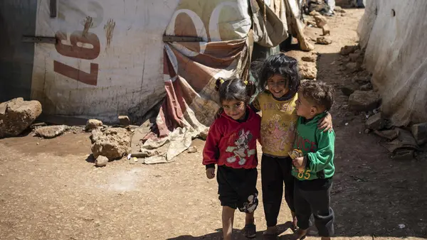 Syrian refugee children are pictured in an informal settlement near Terbol in the Bekaa Valley, Lebanon.