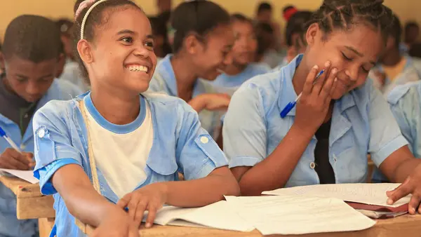 Students in Amboasary, Madagascar participate in a life skills training supported by UNICEF's Let Us Learn initiative. 