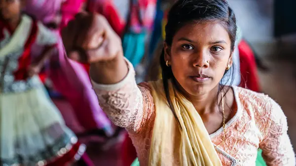 Adolescent girls attend Karate class as part of a UNICEF-supported girls' empowerment program in the village of Madanpur, Jharkand, India in December 2016. 