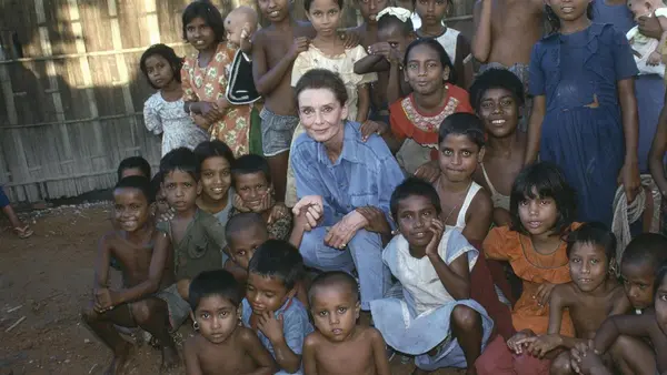 UNICEF Goodwill Ambassador Audrey Hepburn visited children at their school in Bangladesh in 1989.
