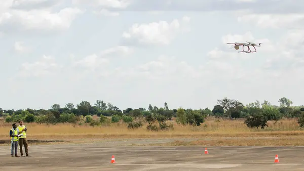 A UNICEF-supported medical supply delivery drone takes off from the Kasungu airstrip in central Malawi in 2019. 
