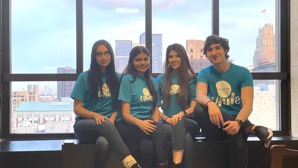 Jawad, 22 (far right) and fellow Rutgers University UNICEF Club leaders at a UNICEF UNITE School Club event in Newark, New Jersey on March 4, 2020, just before the club shifted to virtual engagement to prevent the spread of the novel coronavirus