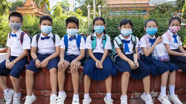 Students at Preah Norodom Primary School, Phnom Penh, Cambodia during their second day of school reopening, September 7, 2020.