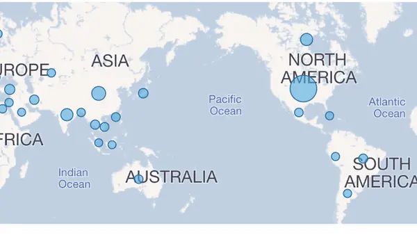 Screen shot from the UNICEF COVID-19 Vaccine Market Dashboard: number of vaccine developers by country. 