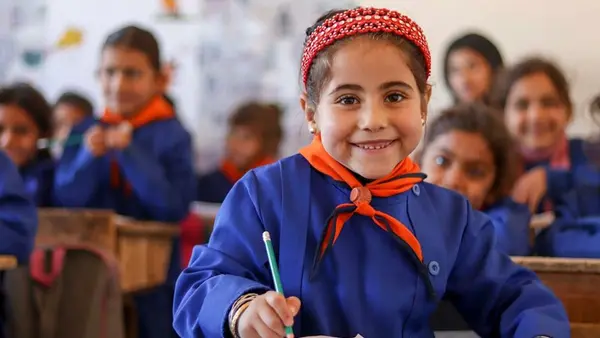 Catherine, 6, was able to start school in Maskana, eastern rural Aleppo, thanks to support from UNICEF and partner Educate A Child.