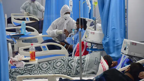 On May 6, 2021, patients receive treatment in the ICU ward at Mulund Jumbo's COVID-19 center in Mumbai, India.