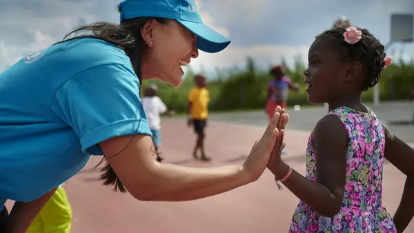 In September 2019 in the Bahamas, children who have been evacuated in the aftermath of Hurricane Dorian participate in activities organized by UNICEF's partner organization, IsraAid, in Nassau.