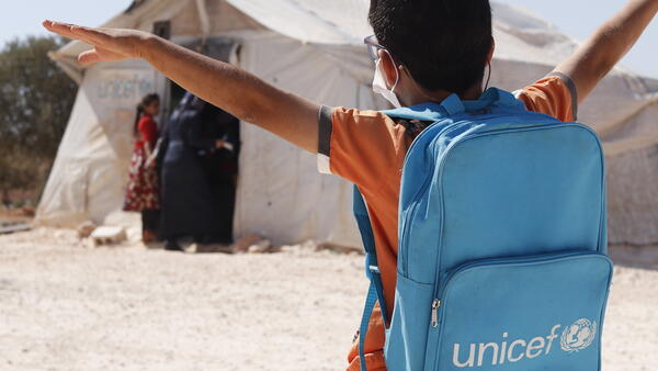 In Idlib, Syria, 9-year-old Rafat sets off for a learning center supported by UNICEF with funding from Education Cannot Wait.