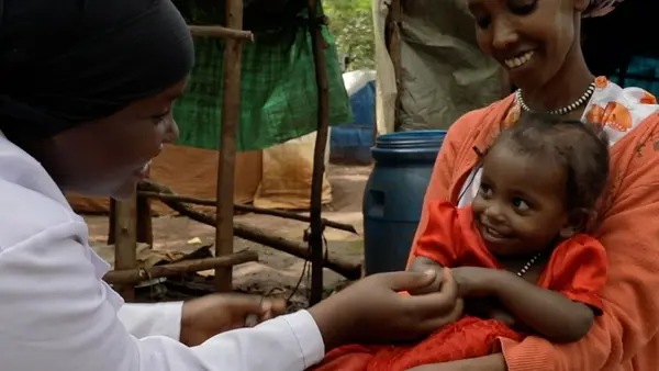 Sedalia Abdulahi, left, is a health extension worker at the Bambassi IDP camp in the Benishangul-Gumuz region of western Ethiopia.