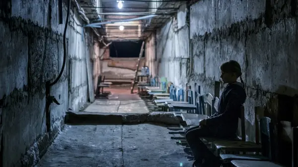 10-year-old Lera sits in the basement bomb shelter at her school in Mariinka, Donetsk Oblast, eastern Ukraine.