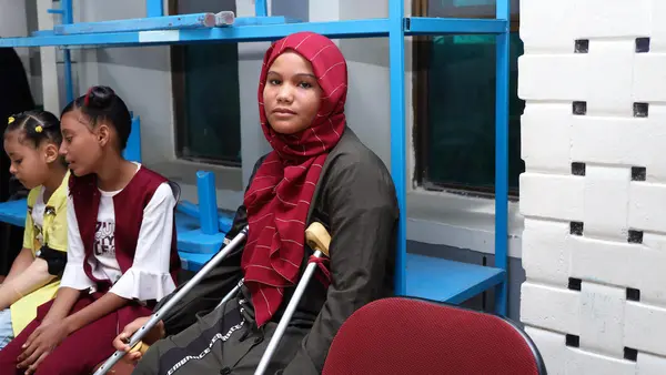 Ramyah, who was injured by war shrapnel, awaits treatment at a UNICEF-supported prosthetics center in Aden, Yemen on Oct. 14, 2021.