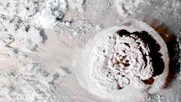 On January 15, 2022, a satellite image captures another explosive eruption of the underwater Hunga Tonga Hunga Ha'apai volcano near the island nation of Tonga.