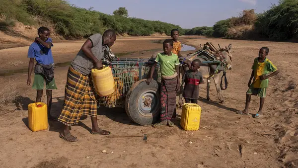 In Somalia, Ibrahim, second from left, collects what little water he can from a dried up riverbed with help from his young sons and a nephew. 