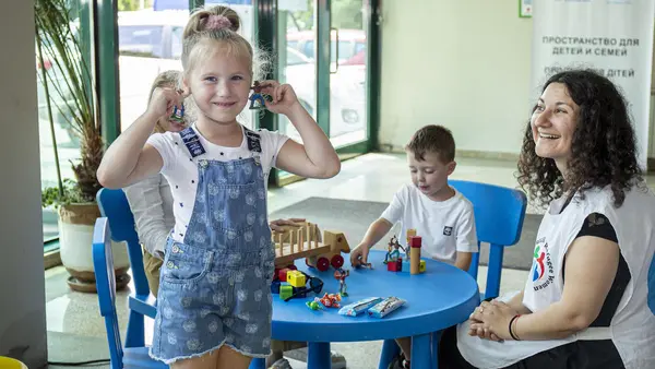 On June 13, 2022, children play at a UNICEF-UNHCR Blue Dot Safe Space, Protection and Support Hub in Sofia, Bulgaria.