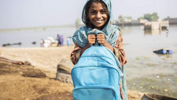Ameer, 8, is ready to go to school for the very first time at a UNICEF temporary learning center set up in flood-stricken Jacobabad, Sindh Province, Pakistan. 