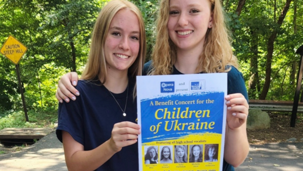 Kate Stewart, left, and Sofia Parfomak performed in a benefit concert organized by Parfomak in Arlington, VA, for children impacted by the war in Ukraine. 