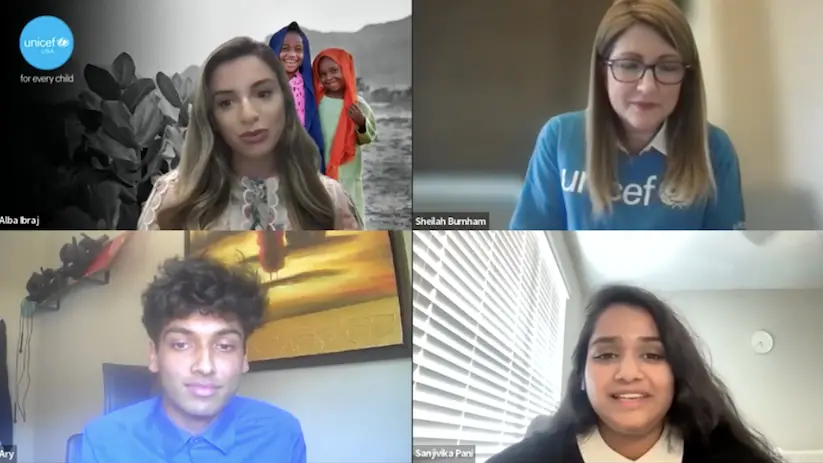 four individual video conference snapshots of three females and one male
