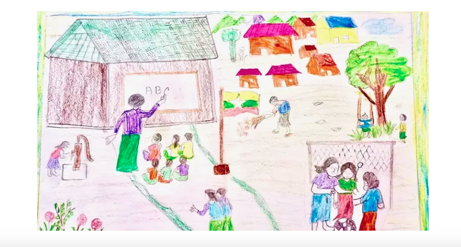 A drawing by Zawad, an 11-year-old Rohingya refugee living in Bangladesh, of children learning.