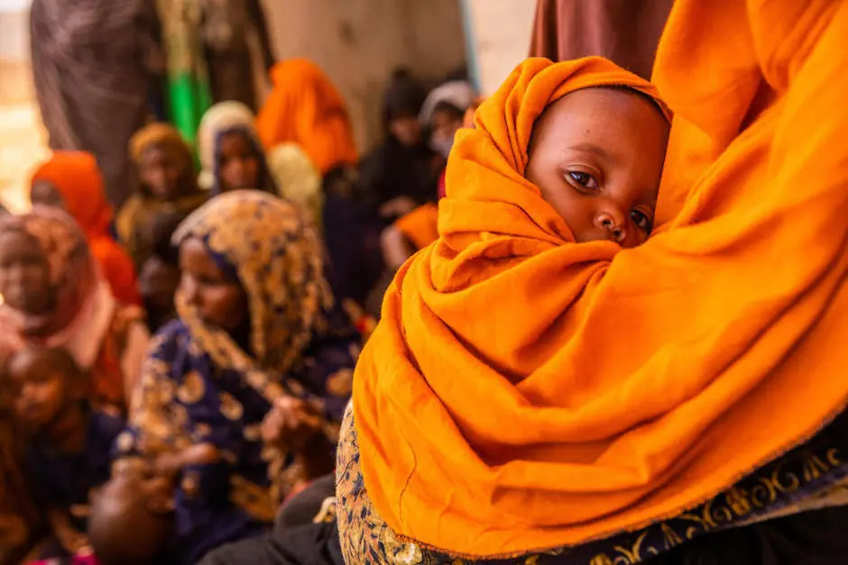 On April 11, 2022, a mother holds her baby waiting to be vaccinated at a UNICEF-supported health post in Ba’adley at an IDP Site in Shabelle Zone, Somali Region, Ethiopia.