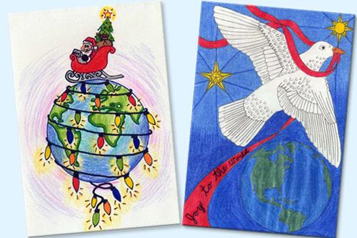 Two cards, on the left the earth wrapped in Christmas lights with a sleigh on top, to the right a dove carries a red ribbon in its beak with the earth in the background.