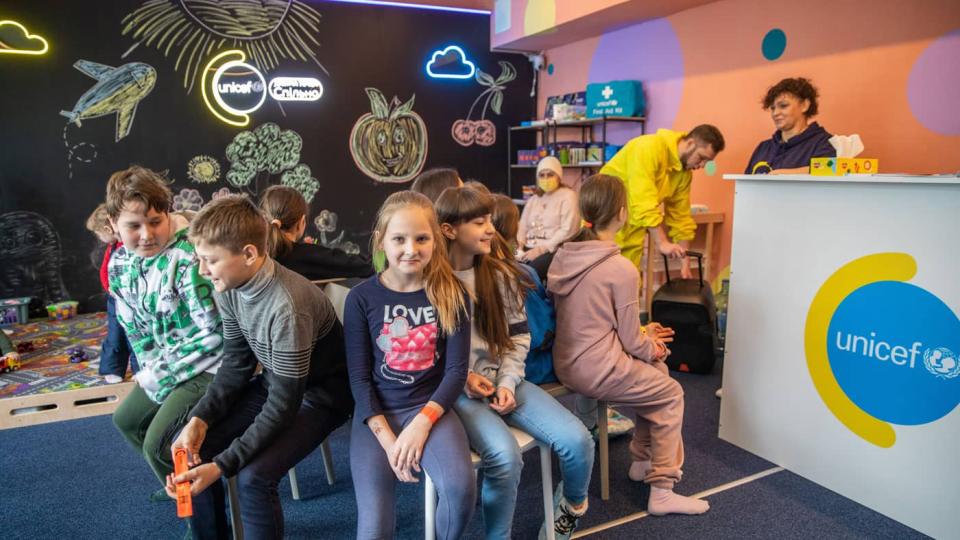 On February 11, 2023, children at the opening of a new Spilno spot in Vyshgorod.