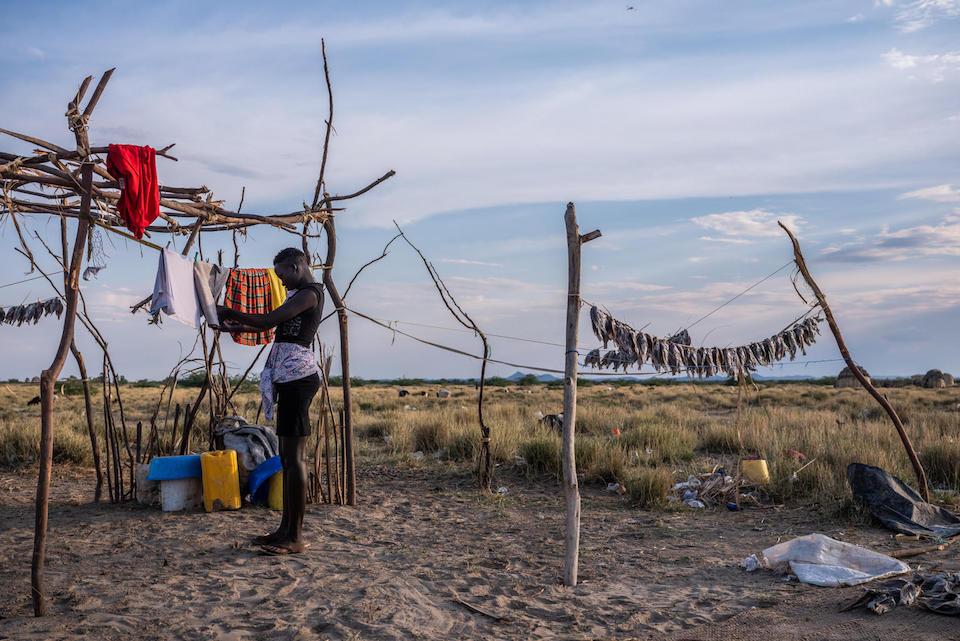 Fish are hung to dry along a line in a small fishing community outside the town of Kalokol in northern Kenya. 