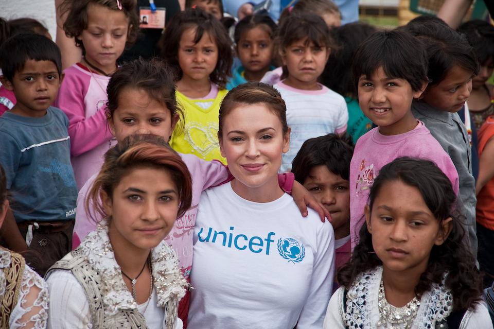 UNICEF Ambassador Alyssa Milano with UNICEF-supported children during a visit to Kosovo.