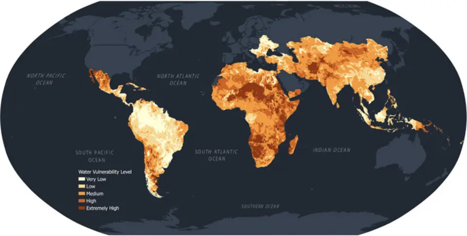 A world map showing levels of water vulnerability are extremely high in parts of Africa and Asia compared to North America and Europe..
