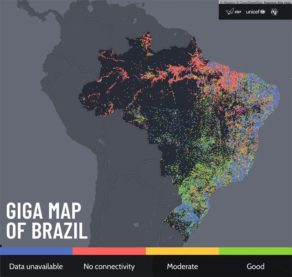 A map showing internet connectivity based on Meta data sets provided to UNICEF and partners in the Giga initiative.