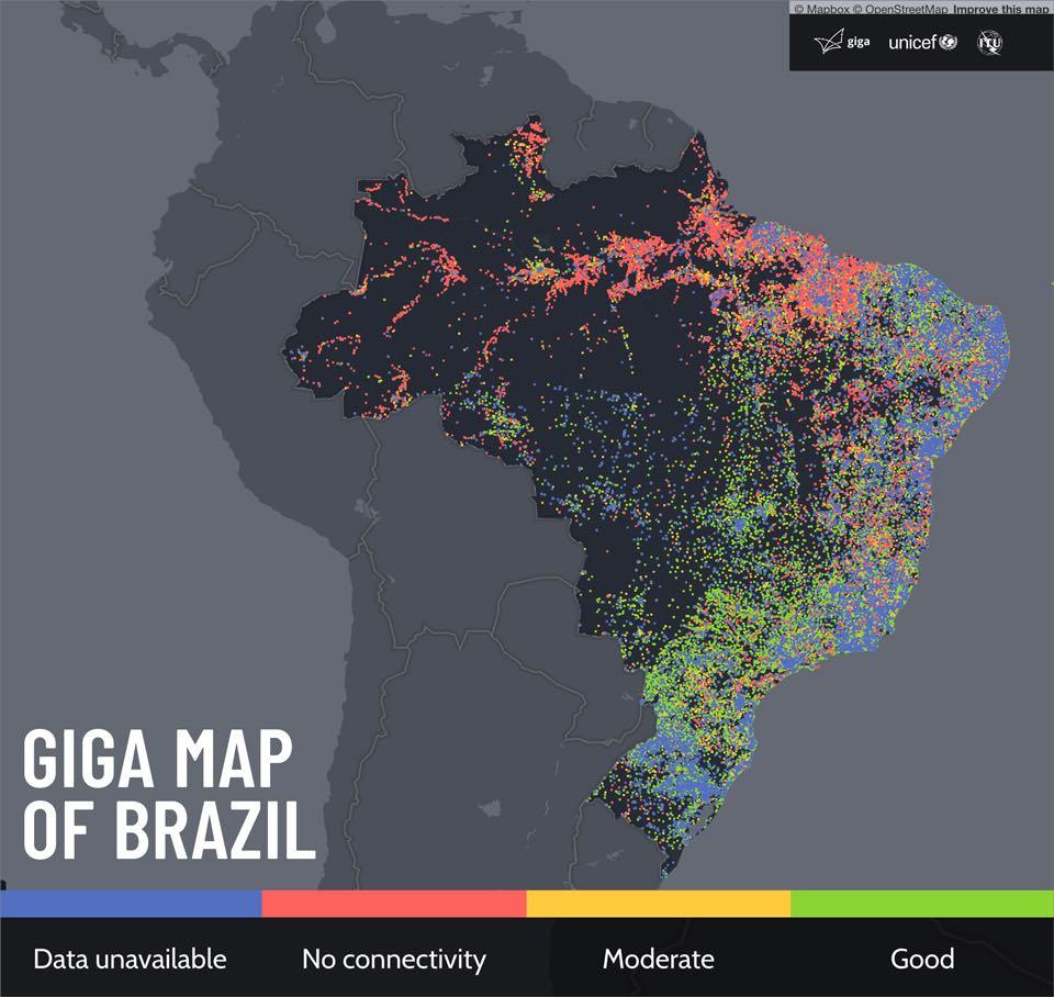 A map showing internet connectivity based on Meta data sets provided to UNICEF and partners in the Giga initiative.