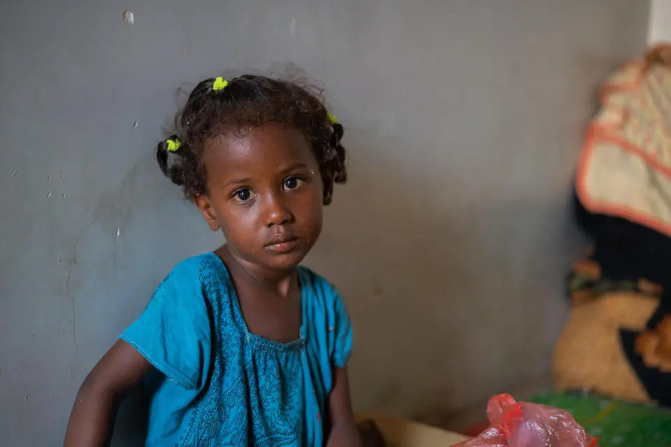 Three-year-old Jumu'ah of Aden, Yemen, whose twin sister died of measles after both girls caught the virus in May 2022.