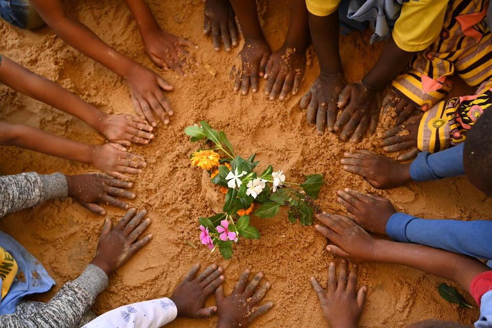 Children plant flowers in the playground outside their school in N’Djamena, Chad.