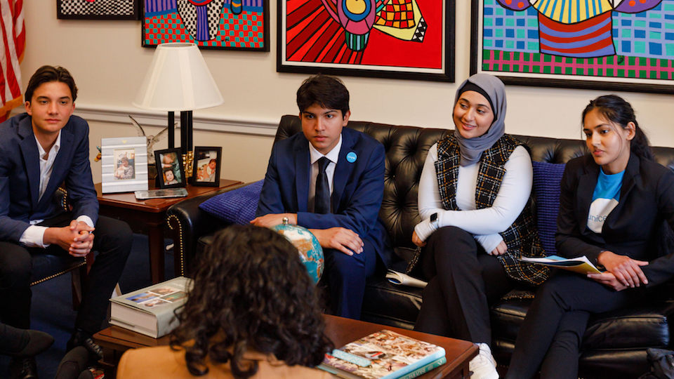From left: UNICEF USA National Youth Council members Kyle King, Ayaan Siddiqui, Gheed Nafea and Nikhita Joshi advocate for UNICEF during a meeting in the office of U.S. Rep. Lois Frankel (D-FL 22) on Capitol Hill. 