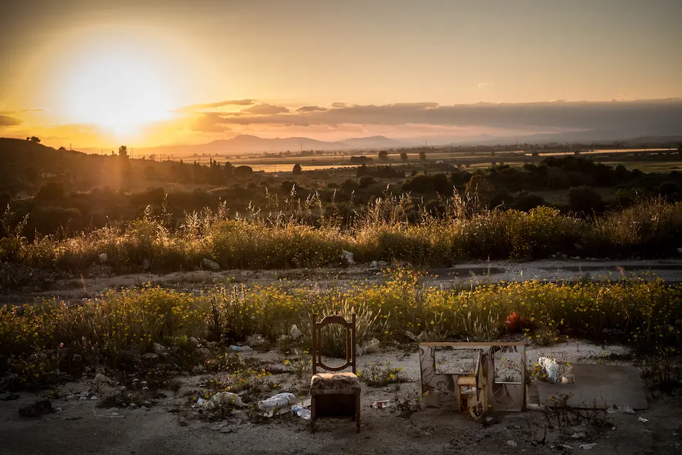 A chair used by prostitutes, predominantly from Nigeria, stands next to a state road, south of Catania, Sicily, Italy on April 22, 2017.