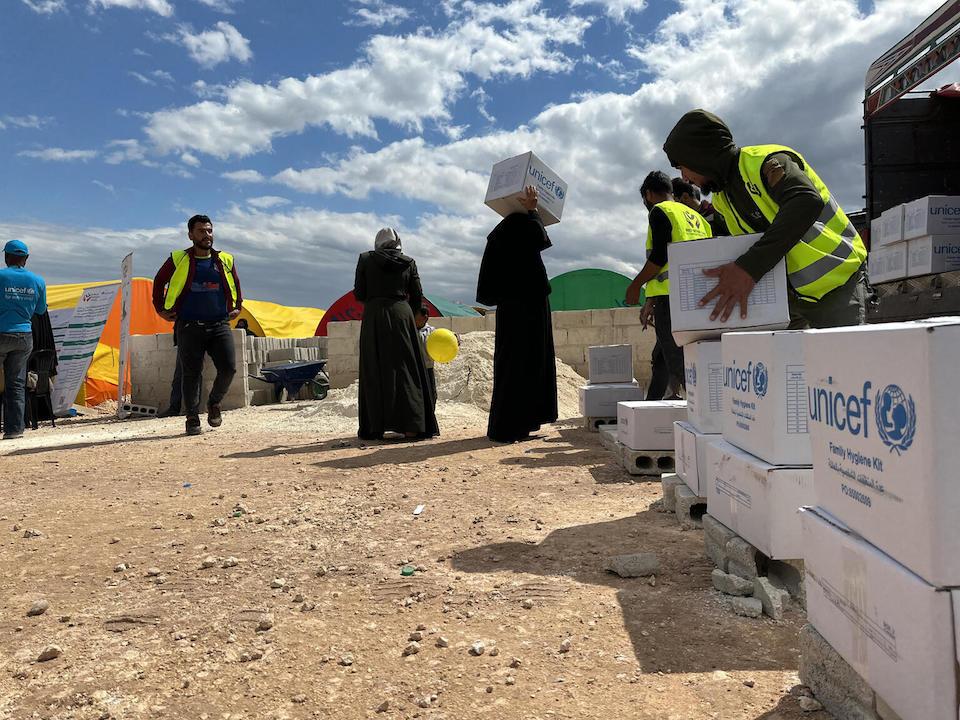 UNICEF hygiene-kit distribution point in a displacement camp in northern Aleppo, northwest Syria.