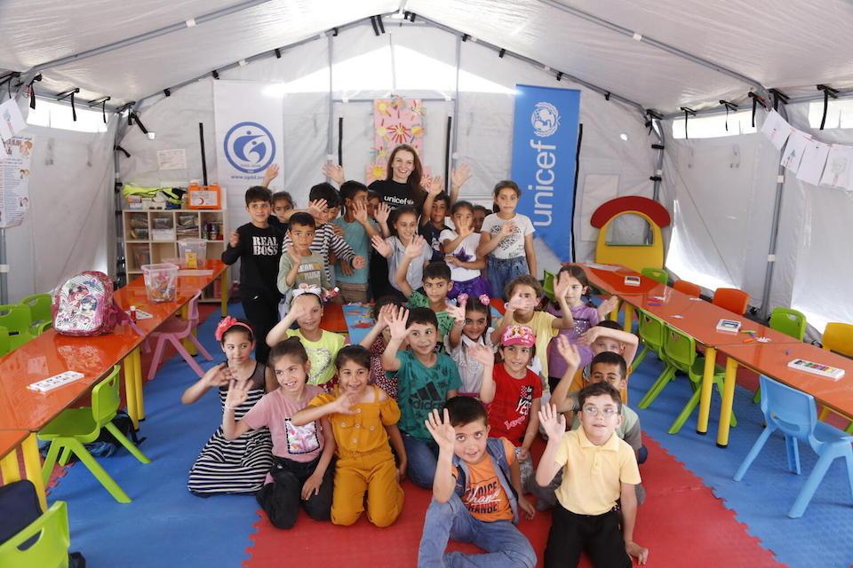 UNICEF Representative to Türkiye, Regina De Dominicis, visiting a child friendly space at a temporary accommodation shelter in Hatay, after two devastating earthquakes hit southeast Türkiye on Feb. 6, 2023..