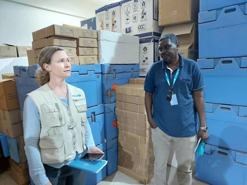 On May 29, 2023, Jill Lawler, UNICEF's Chief of Field Operations, and Abu Obeida Mohamed, Chief of Field Office in the cold chain facility located at the Expanded Program for Immunization (EPI) building in Sudan’s Kassala state, during an assessment mission.
