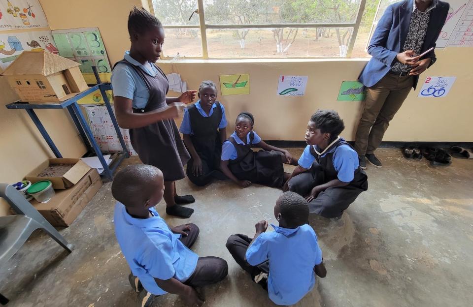 Students participate in a group activity during a UNICEF-supported catch-up class at the Bimbe School in the Chongwe district of Lusaka province, Zambia.