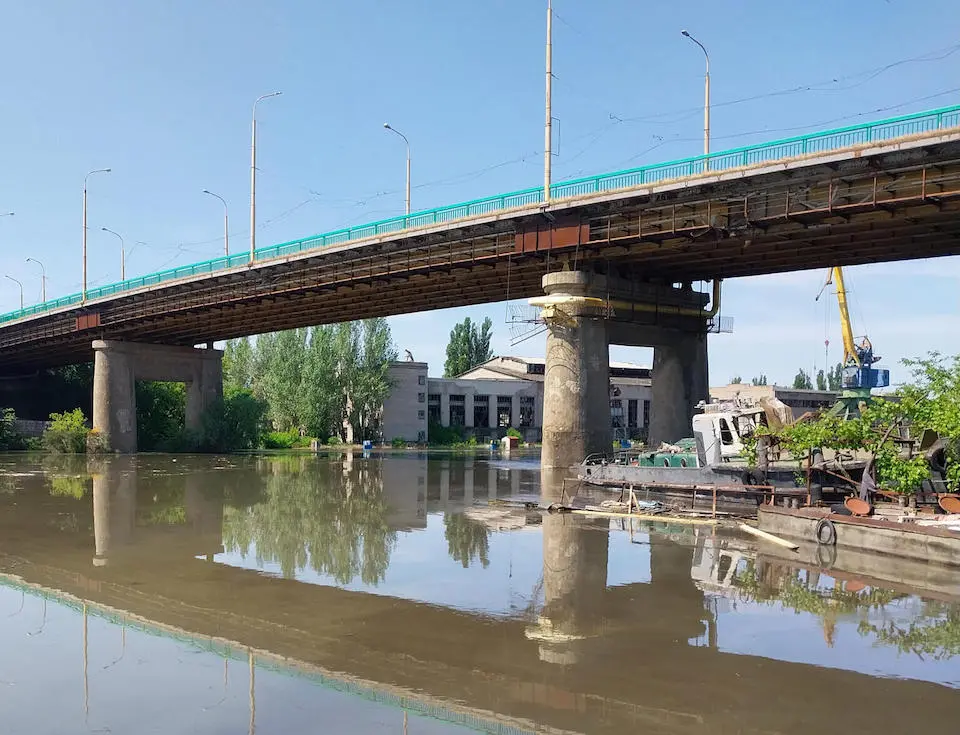 A partially flooded area of Kherson, Ukraine, on June 6, 2023, following damage sustained at Kakhovka hydroelectric dam.