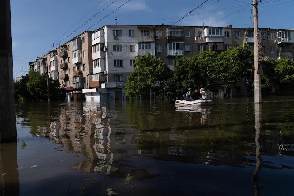 The rescue of local residents in Kherson is ongoing following the June 6, 2023, attack on the Kakhovka hydroelectric dam.