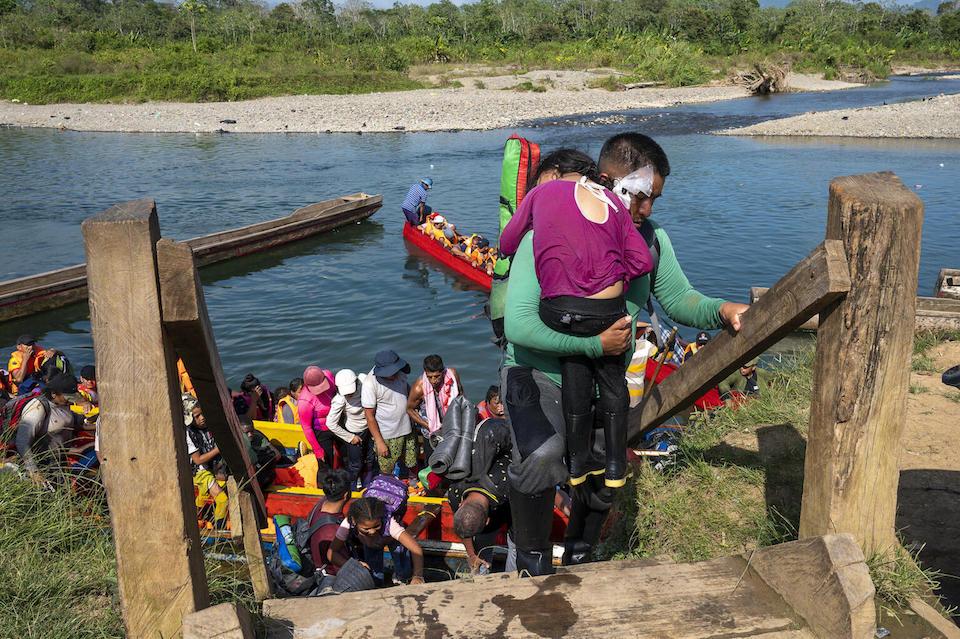 Migrant families arrive at the first migrant station after crossing the Darien Jungle.