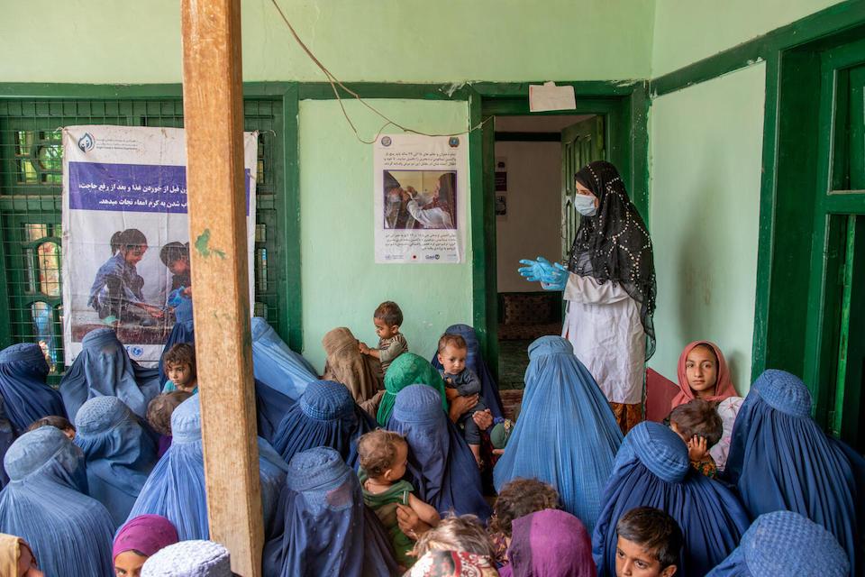 On June 25, 2023, a nutrition counselor at a UNICEF-supported mobile health and nutrition team (MHNT) counselors a group of waiting mothers on breastfeeding and child nutrition in Nari District, Kunar Province, Afghanistan.
