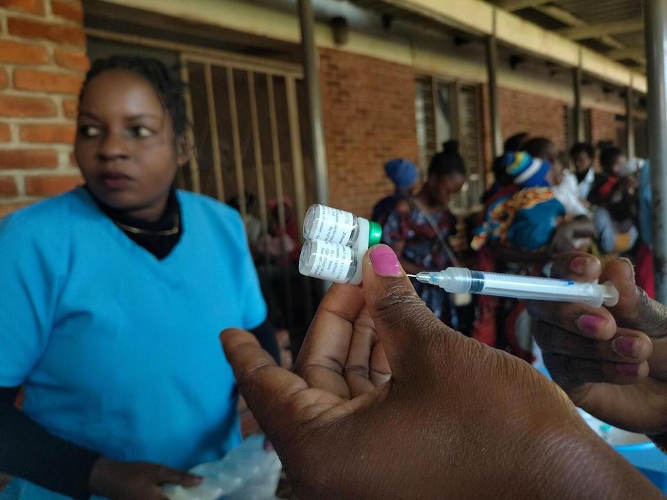Close-up shot of the malaria vaccine being drawn into a syringe, as captured at Bwaila Hospital in Lilongwe, Malawi, on May 26, 2023.