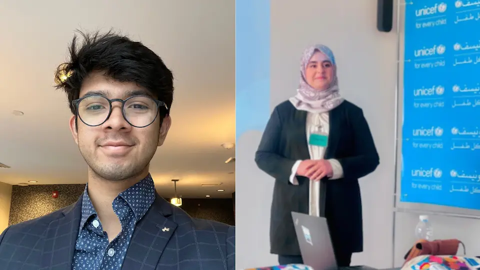 From left, University of Illinois Urbana-Champaign student Indraneel Acharya, 24, currently working towards her M.Sc. in Geology at the University of Tripoli in Libya.20, and Yasmin Elahmar,