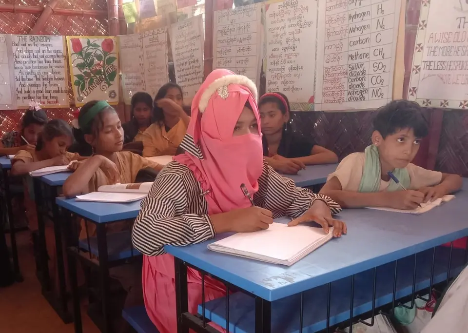 Roshida, a Rohingyan refugee from Myanmar, attends class at a learning center in Cox's Bazar, Bangladesh supported by UNICEF and Education Cannot Wait.