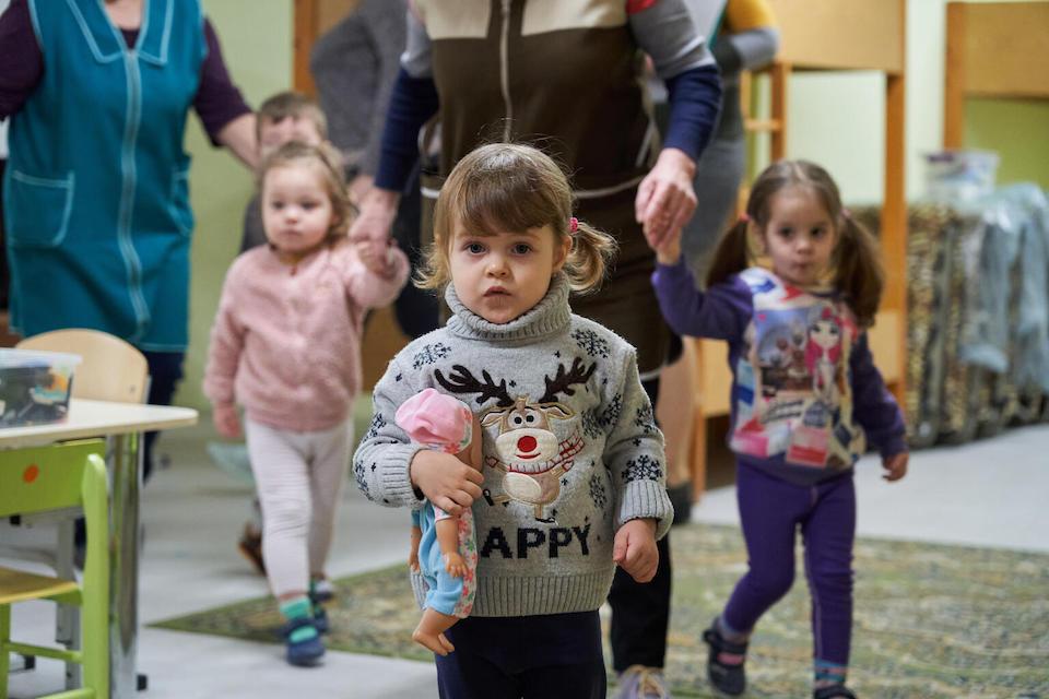 At naptime, children head down to the UNICEF-built bomb shelter in the basement of their school in Slavutych, Ukraine.