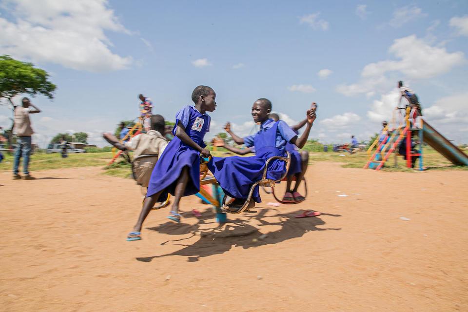 Kids play at a UNICEF Child-Friendly Space that serves refugee and host community children in Obongi district of Uganda.