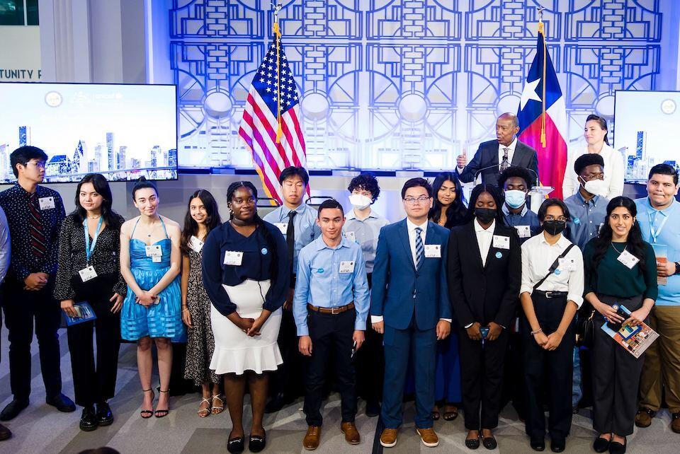CFCI Youth Council members join Mayor Sylvester Turner to celebrate Houston's designation as a CFCI candidate city.. 